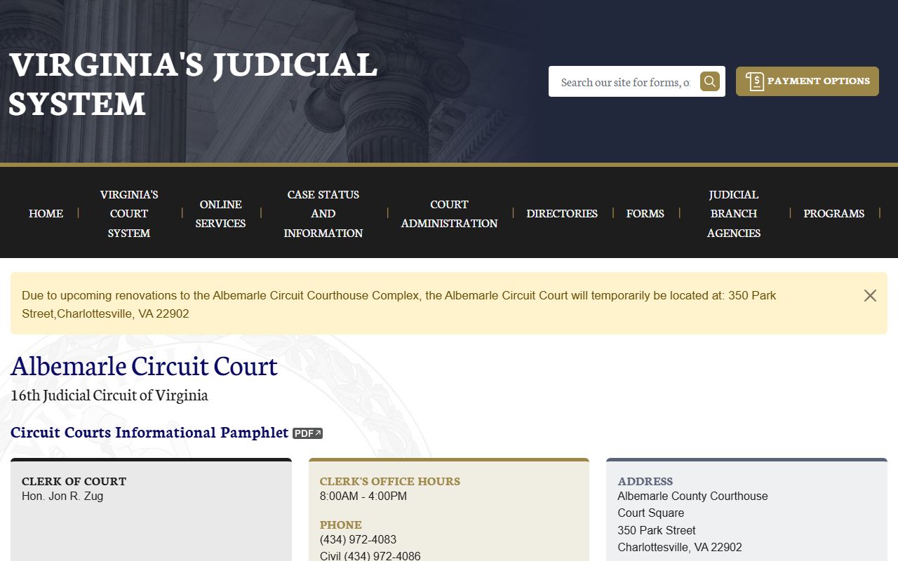 Albemarle County circuit court records search page on vacourts.gov
