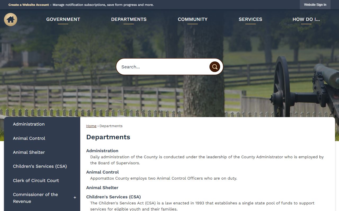Appomattox County government departments page with court information