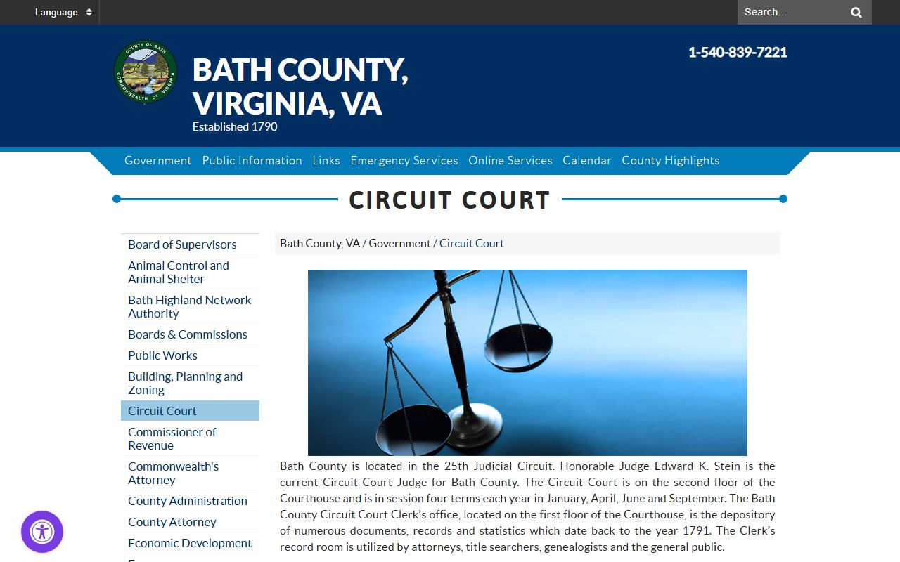 Bath County government circuit court page with clerk contact information