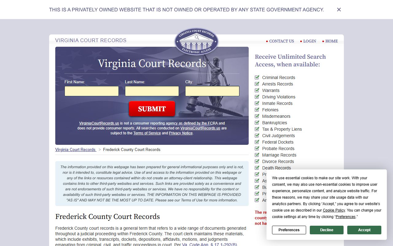 Frederick County court records search page