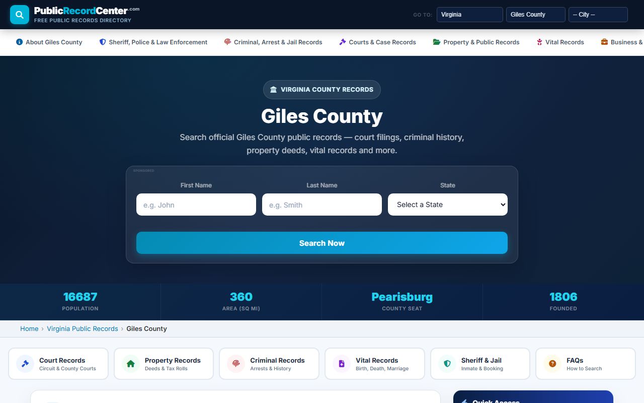 Giles County court records search page