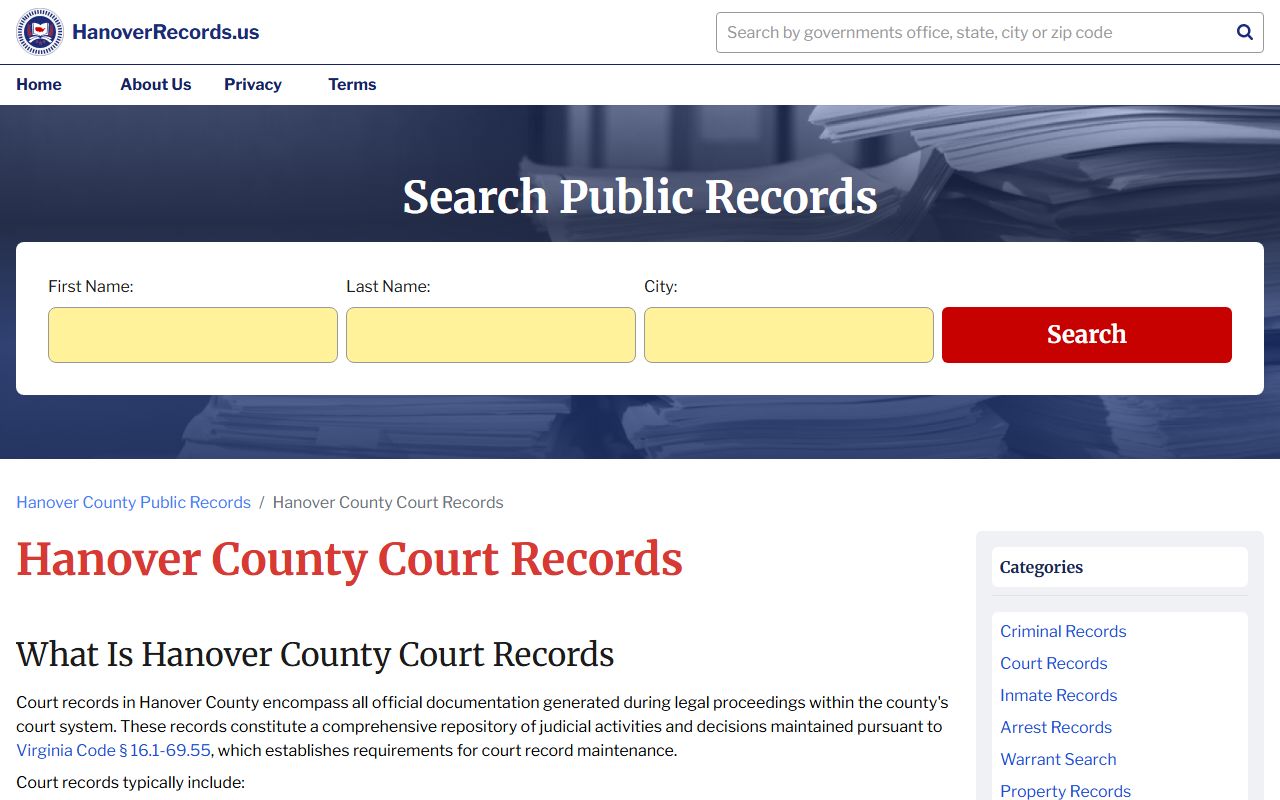 Hanover County court records information page