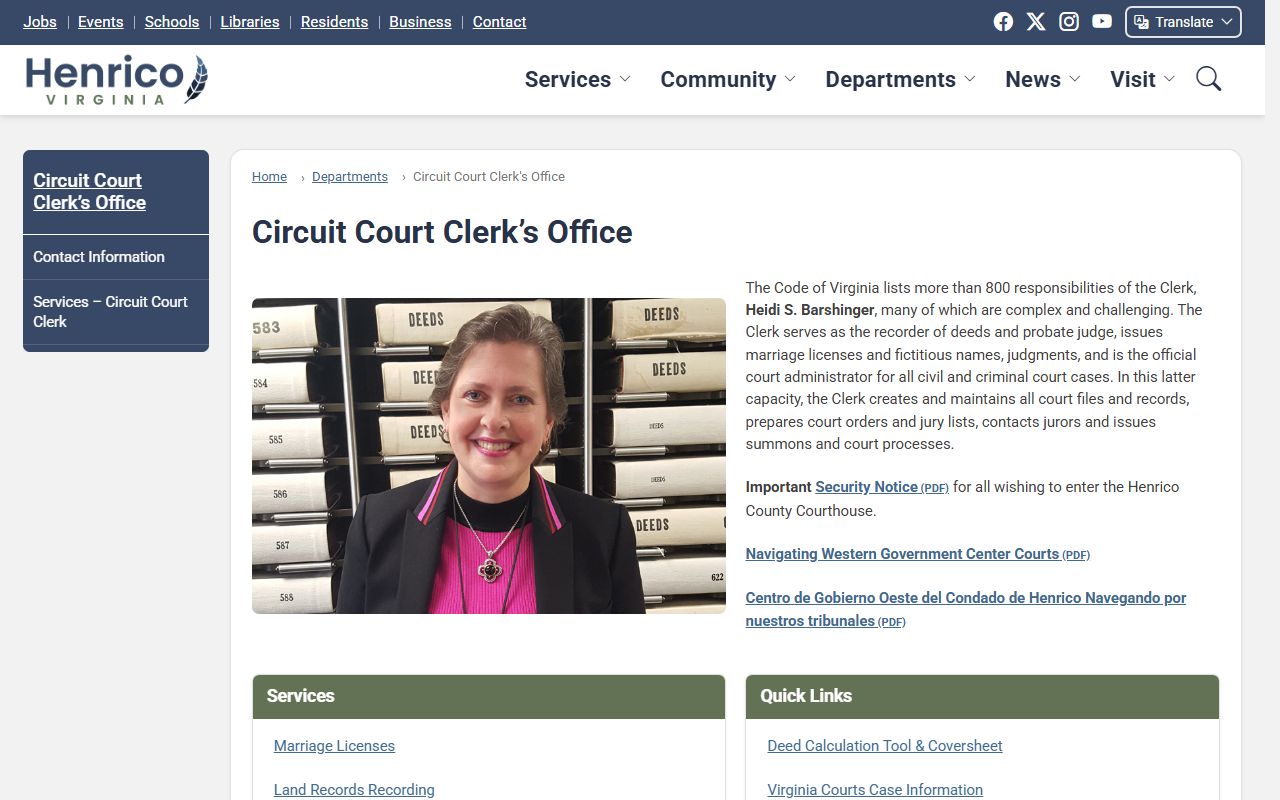 Henrico County clerk office page showing court records information