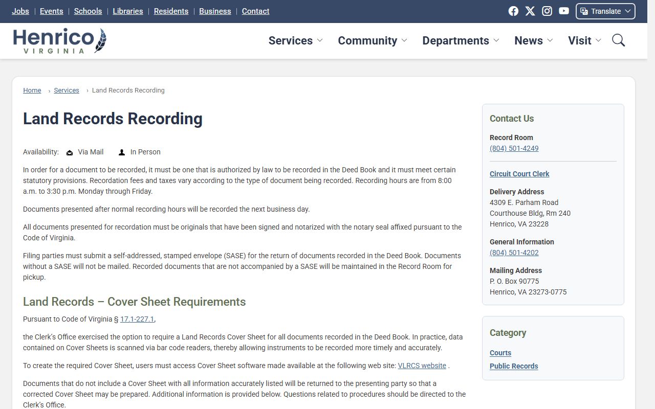 Henrico County court records and land records recording page